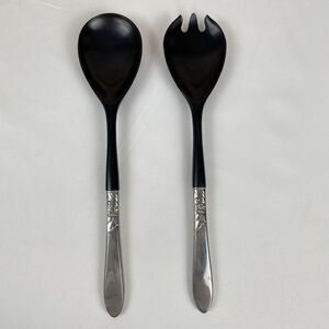 Vintage Salad Serving‎ Utensil Set Plastic & Metal Floral Pattern